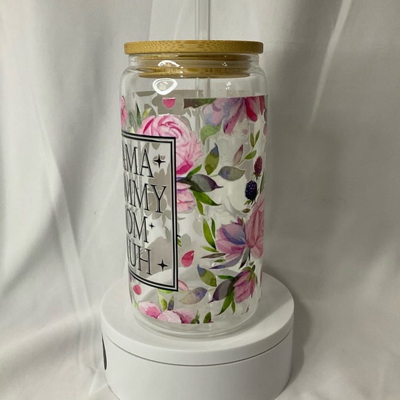 16 Ounce Handmade Clear Glass Can Cup, W/Lid & Straw, Mama Floral - Picture 7 of 13